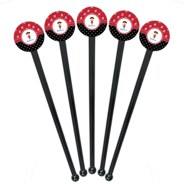 Girl's Pirate & Dots Black Plastic 7" Stir Stick - Round - Fan View