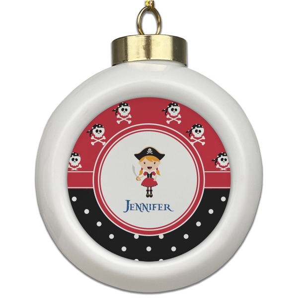 Custom Girl's Pirate & Dots Ceramic Ball Ornament (Personalized)