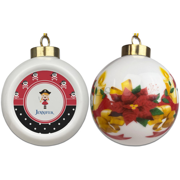 Girl's Pirate & Dots Ceramic Christmas Ornament - Poinsettias (APPROVAL)