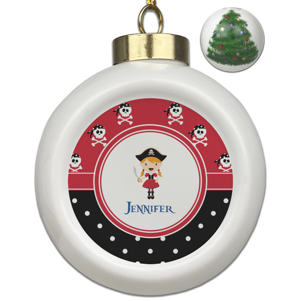Custom Girl's Pirate & Dots Ceramic Ball Ornament - Christmas Tree (Personalized)