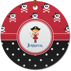 Girl's Pirate & Dots Round Ceramic Ornament w/ Name or Text