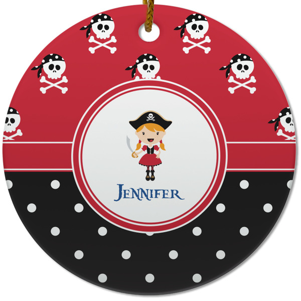 Custom Girl's Pirate & Dots Round Ceramic Ornament w/ Name or Text