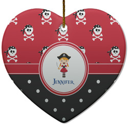 Girl's Pirate & Dots Heart Ceramic Ornament w/ Name or Text