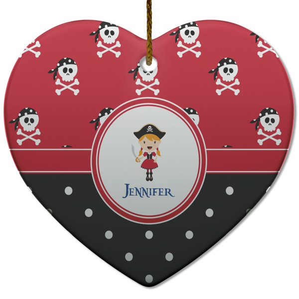 Custom Girl's Pirate & Dots Heart Ceramic Ornament w/ Name or Text