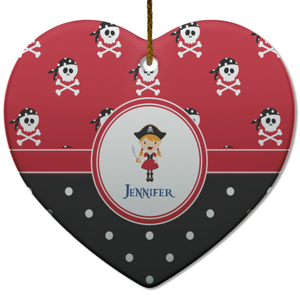Girl's Pirate & Dots Ceramic Flat Ornament - Heart (Front)