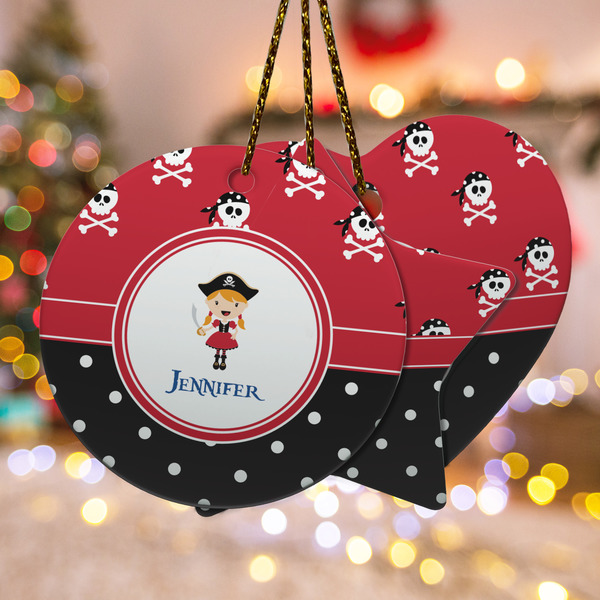 Custom Girl's Pirate & Dots Ceramic Ornament w/ Name or Text