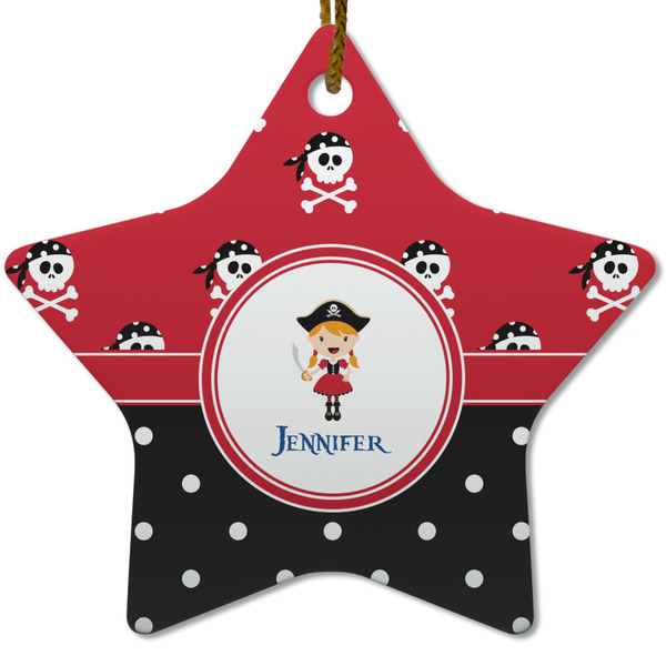 Girl's Pirate & Dots Ceramic Flat Ornament - Star (Front)