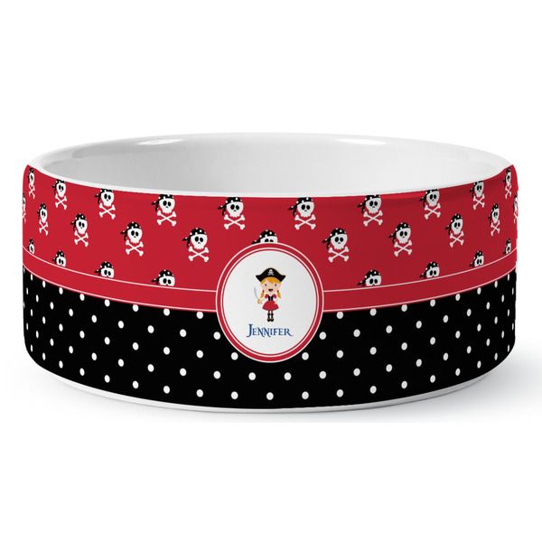 Custom Girl's Pirate & Dots Ceramic Dog Bowl - Large (Personalized)