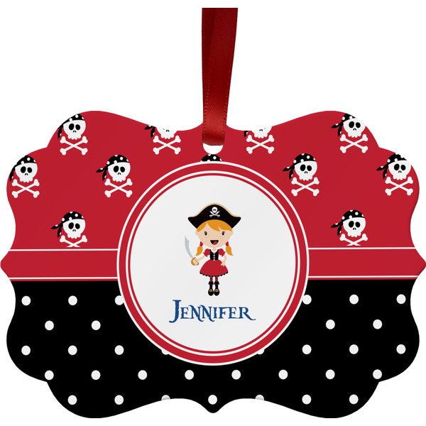 Custom Girl's Pirate & Dots Metal Frame Ornament - Double Sided w/ Name or Text