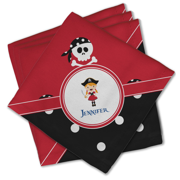 Custom Girl's Pirate & Dots Cloth Cocktail Napkins - Set of 4 w/ Name or Text