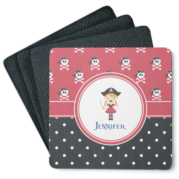 Custom Girl's Pirate & Dots Square Rubber Backed Coasters - Set of 4 (Personalized)
