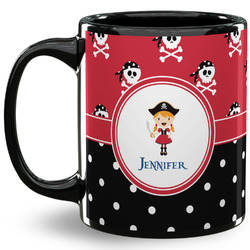 Girl's Pirate & Dots 11 Oz Coffee Mug - Black (Personalized)