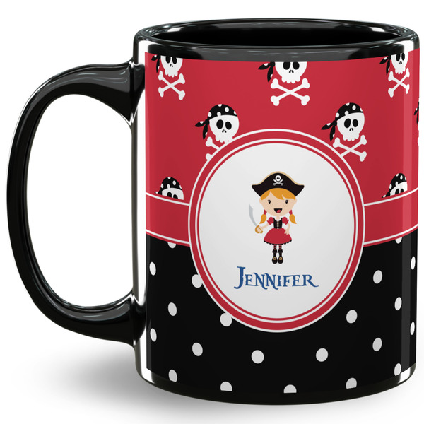 Custom Girl's Pirate & Dots 11 Oz Coffee Mug - Black (Personalized)