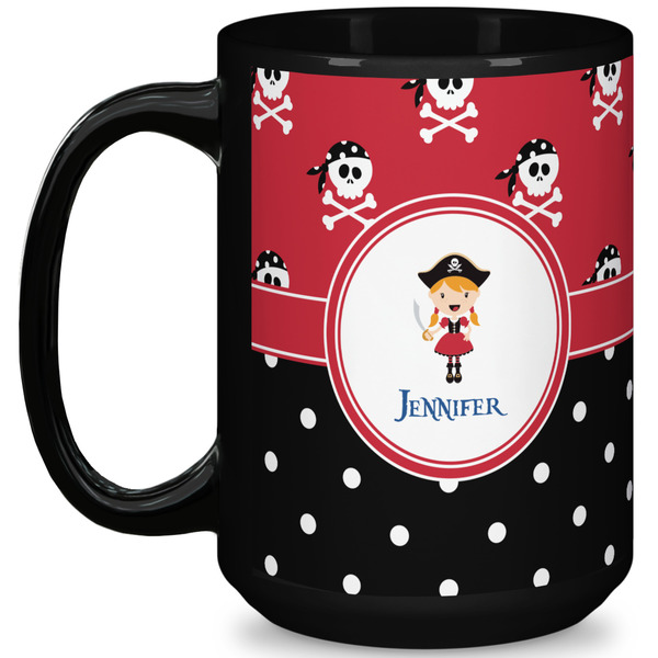Custom Girl's Pirate & Dots 15 Oz Coffee Mug - Black (Personalized)