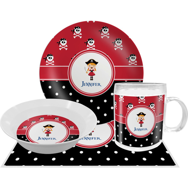 Custom Girl's Pirate & Dots Dinner Set - Single 4 Pc Setting w/ Name or Text