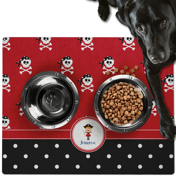 Custom Girl's Pirate & Dots Dog Food Mat - Large w/ Name or Text