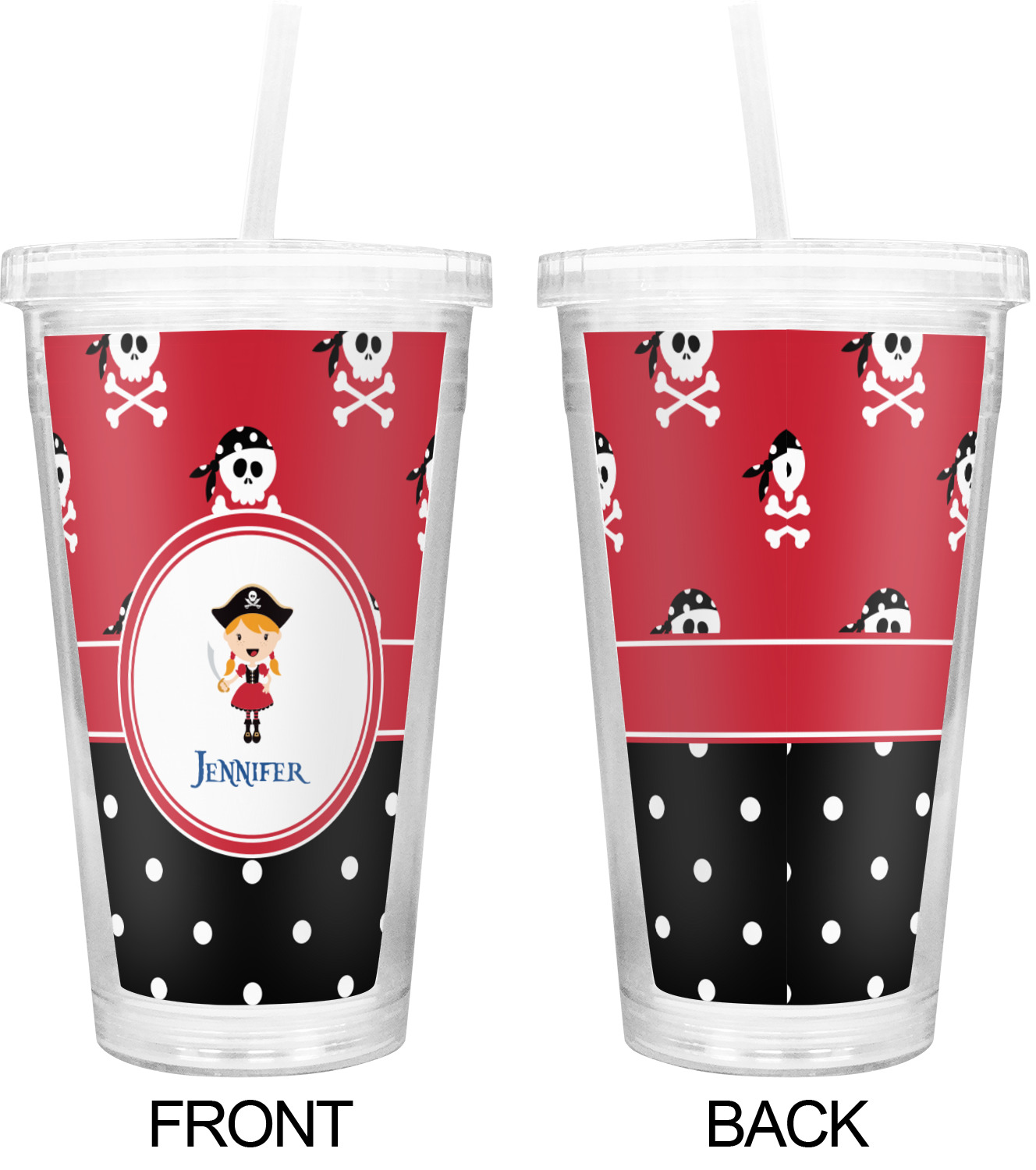 Girl's Pirate & Dots Double Wall Tumbler with Straw (Personalized