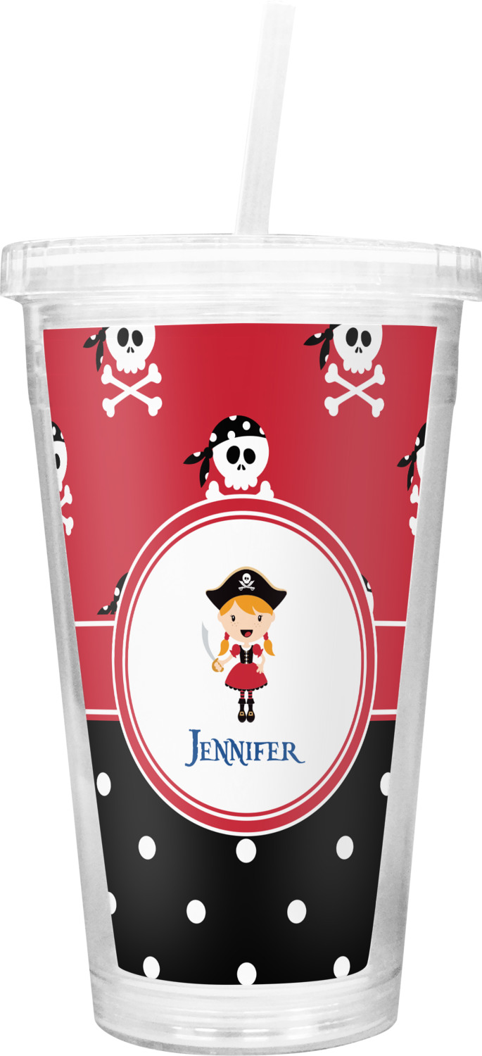Custom Girl's Pirate & Dots Double Wall Tumbler with Straw