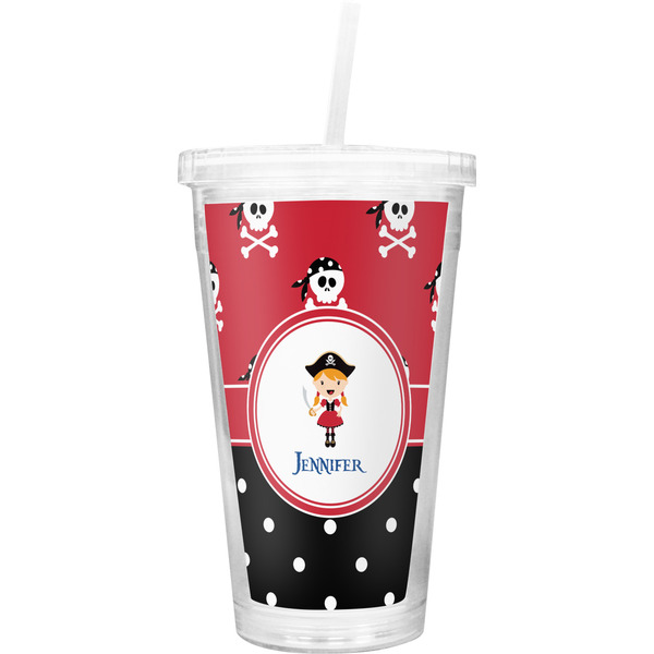 Custom Girl's Pirate & Dots Double Wall Tumbler with Straw (Personalized)
