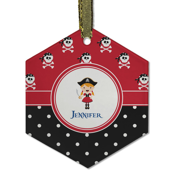 Custom Girl's Pirate & Dots Flat Glass Ornament - Hexagon w/ Name or Text