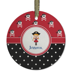 Girl's Pirate & Dots Flat Glass Ornament - Round w/ Name or Text