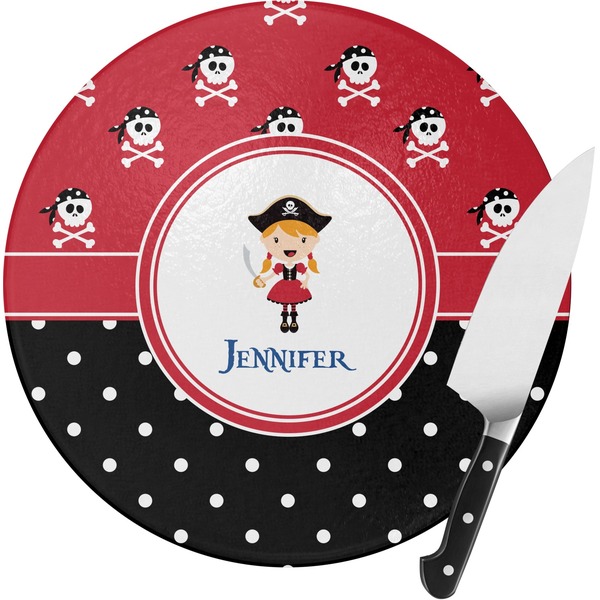 Custom Girl's Pirate & Dots Round Glass Cutting Board (Personalized)