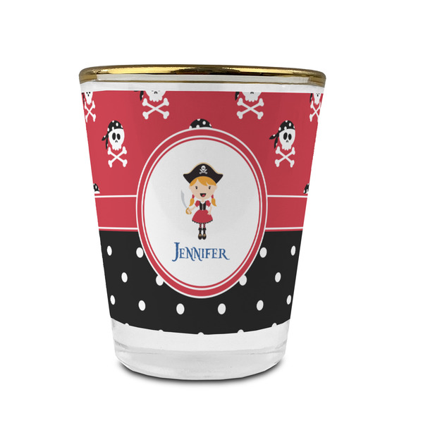 Custom Girl's Pirate & Dots Glass Shot Glass - 1.5 oz - with Gold Rim - Single (Personalized)