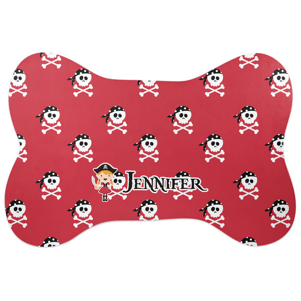 Custom Girl's Pirate & Dots Bone Shaped Dog Food Mat (Large) (Personalized)