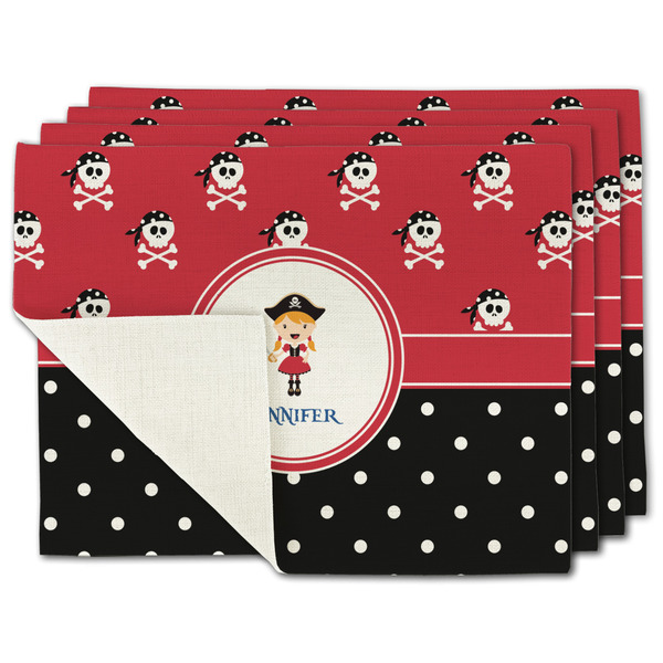 Custom Girl's Pirate & Dots Single-Sided Linen Placemat - Set of 4 w/ Name or Text