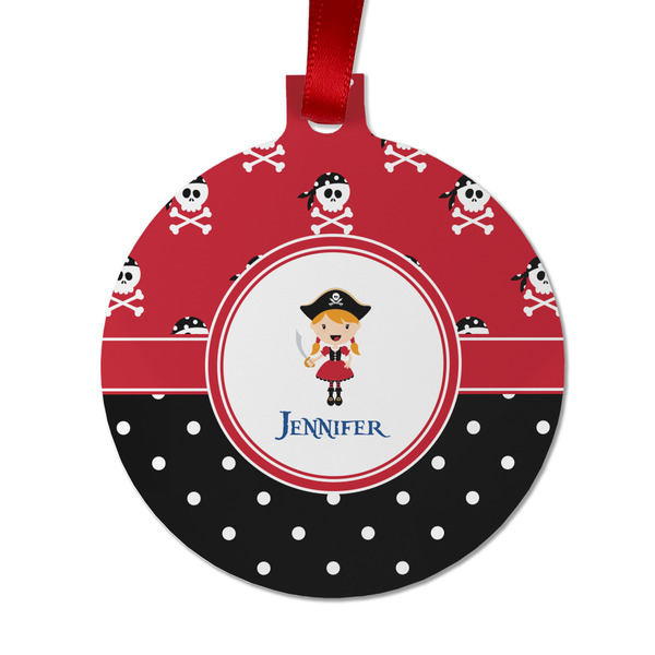 Custom Girl's Pirate & Dots Metal Ball Ornament - Double Sided w/ Name or Text
