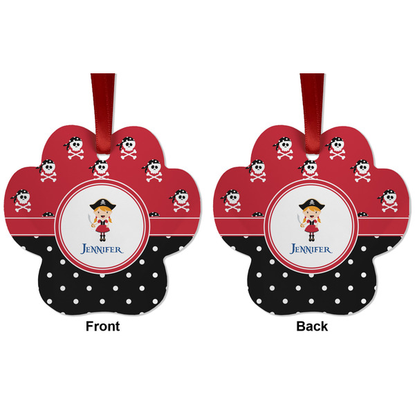 Girl's Pirate & Dots Metal Paw Ornament - Front and Back
