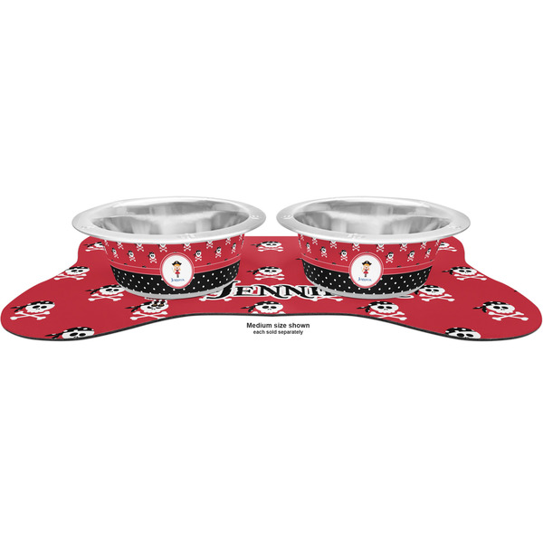 Girl's Pirate & Dots Metal Pet Bowls - On Dog Bone Shaped Mat