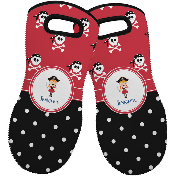 Custom Girl's Pirate & Dots Neoprene Oven Mitts - Set of 2 w/ Name or Text