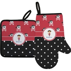 Girl's Pirate & Dots Oven Mitt & Pot Holder Set w/ Name or Text
