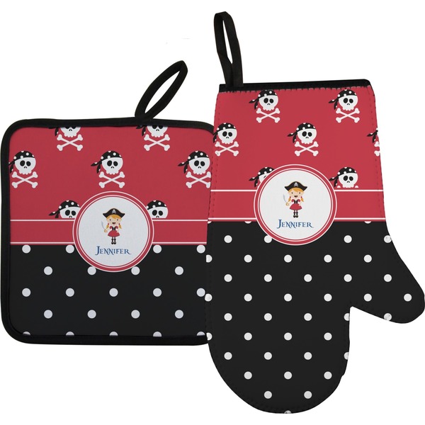 Custom Girl's Pirate & Dots Right Oven Mitt & Pot Holder Set w/ Name or Text