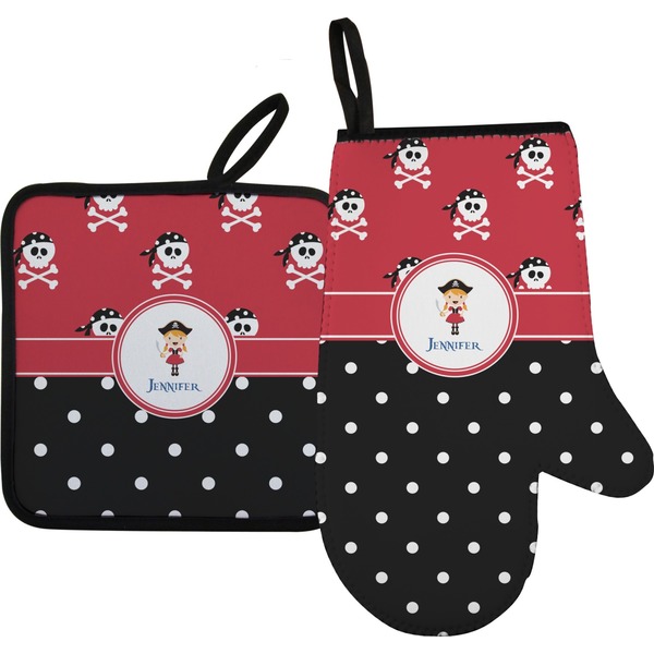 Custom Girl's Pirate & Dots Oven Mitt & Pot Holder Set w/ Name or Text
