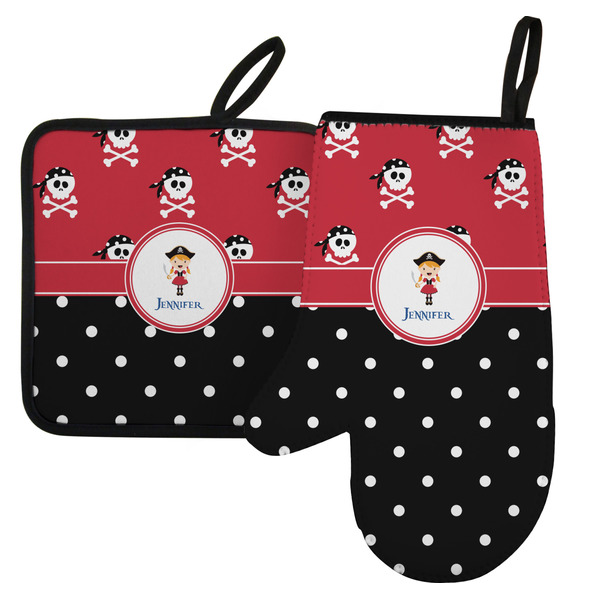 Custom Girl's Pirate & Dots Left Oven Mitt & Pot Holder Set w/ Name or Text