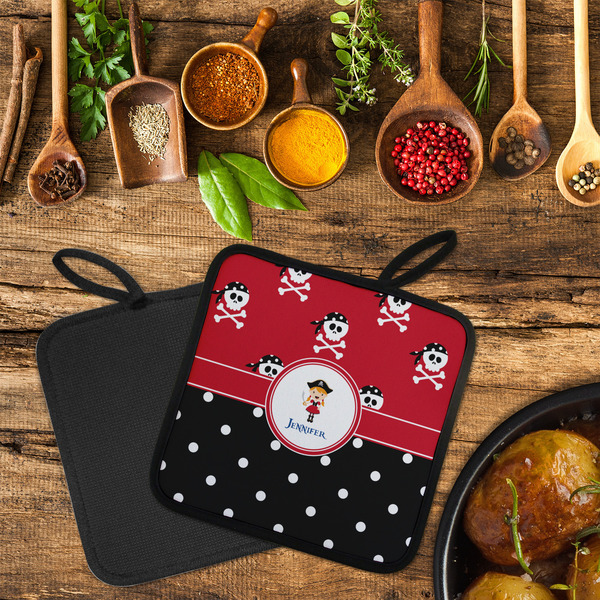 Girl's Pirate & Dots Neoprene Pot Holder - Set of 2  LIFESTYLE (Flatlay)