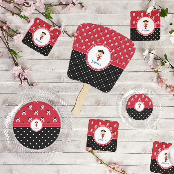 Girl's Pirate & Dots Party Supplies Combination Image - All items - Plates, Coasters, Fans