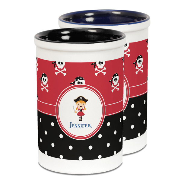 Custom Girl's Pirate & Dots Ceramic Pencil Holder - Large