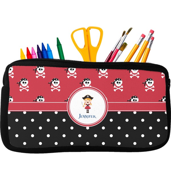 Custom Girl's Pirate & Dots Neoprene Pencil Case - Small w/ Name or Text