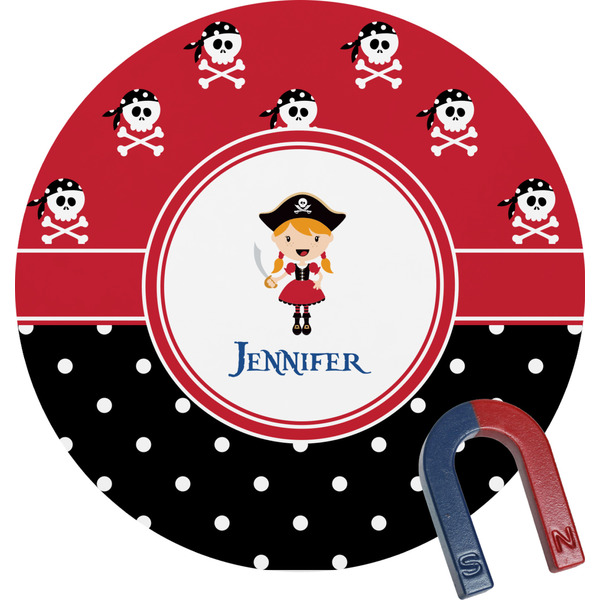 Custom Girl's Pirate & Dots Round Fridge Magnet (Personalized)