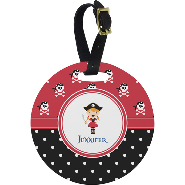 Custom Girl's Pirate & Dots Plastic Luggage Tag - Round (Personalized)