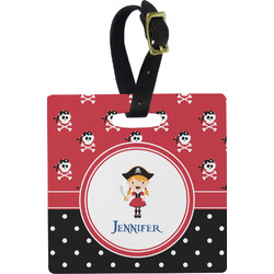 Girl's Pirate & Dots Plastic Luggage Tag - Square w/ Name or Text