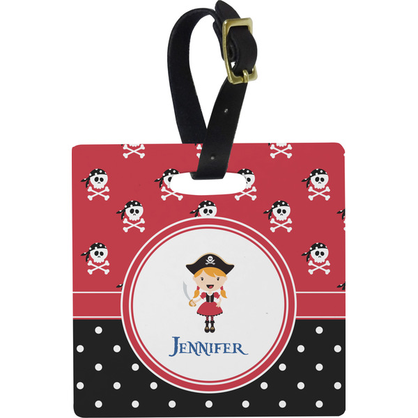 Custom Girl's Pirate & Dots Plastic Luggage Tag - Square w/ Name or Text