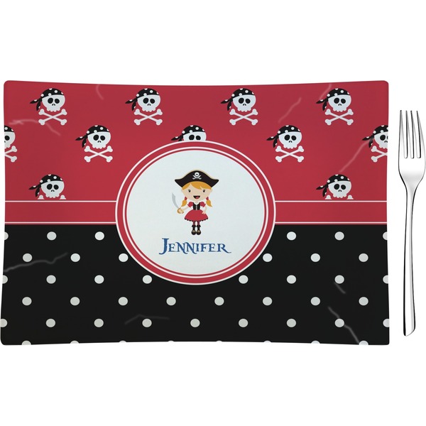 Custom Girl's Pirate & Dots Rectangular Glass Appetizer / Dessert Plate - Single or Set (Personalized)