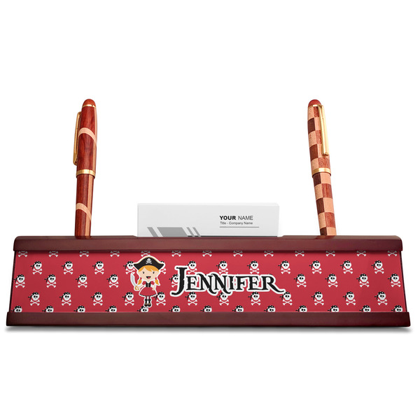 Girl's Pirate & Dots Red Mahogany Nameplates with Business Card Holder - Straight