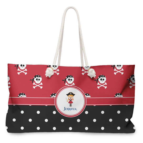 Custom Girl's Pirate & Dots Large Tote Bag with Rope Handles (Personalized)