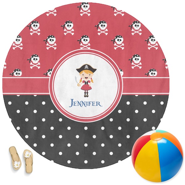 Custom Girl's Pirate & Dots Round Beach Towel (Personalized)