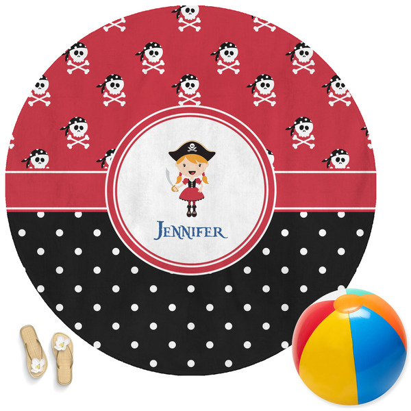 Custom Girl's Pirate & Dots Round Beach Towel (Personalized)